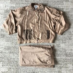 Vintage Clipper Bay Silk Tracksuit‎ Women's Size Large Brown Leopard Print